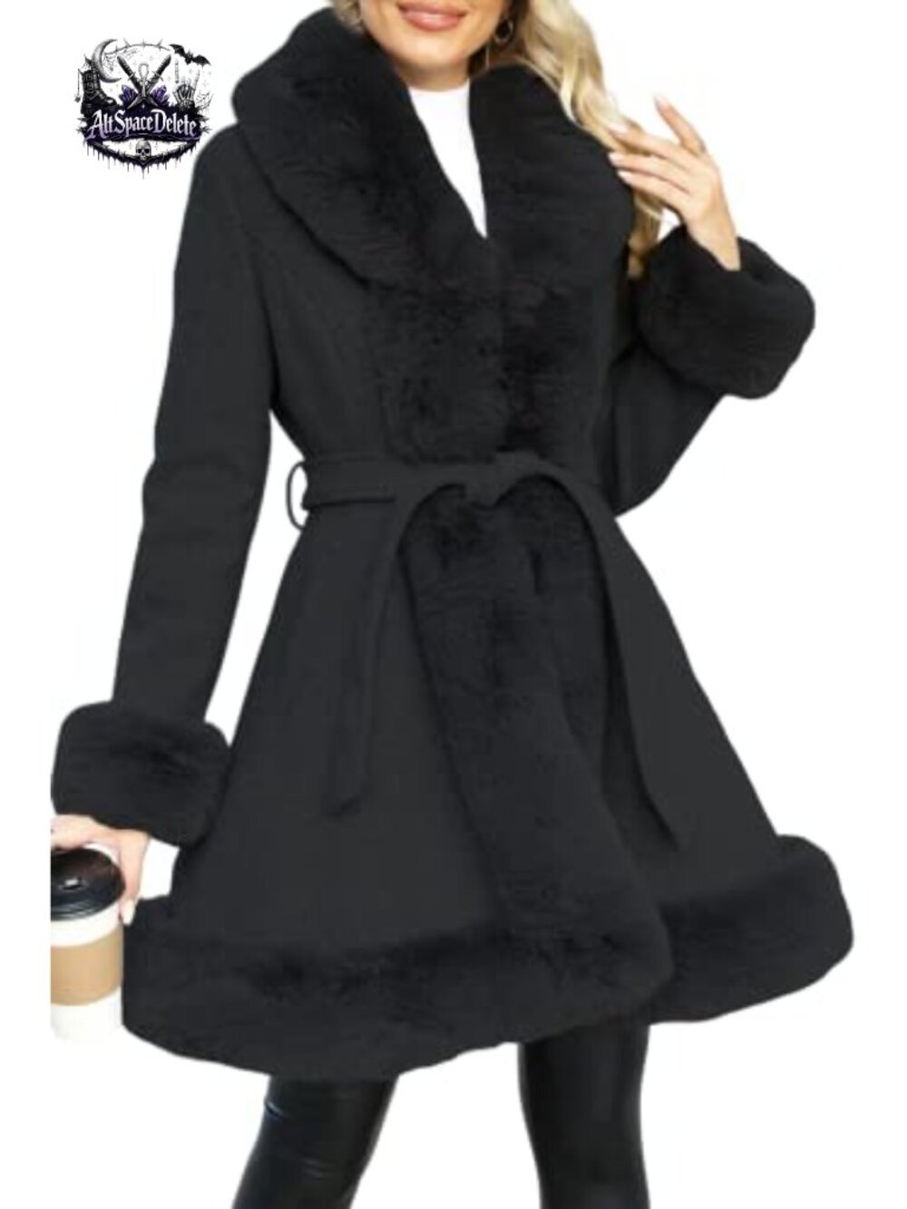 Faux Fur Jacket Furry Trim Thicken Belted Long Parka Wool Blend
